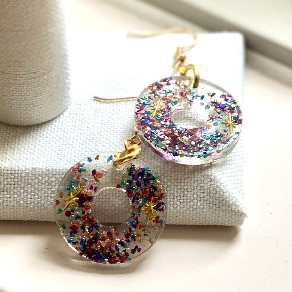 Hand Crafted Jewelry - Circular Holiday Beach Earrings, Florida Sand Dangle Earrings, Rainbow Earrings